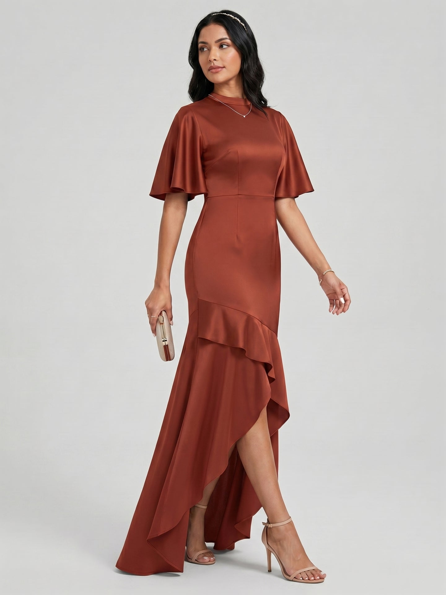 Elegant Rust Matte Satin mermaid Scoop Neck Back Zip Asymmetrical Bridesmaid Dress