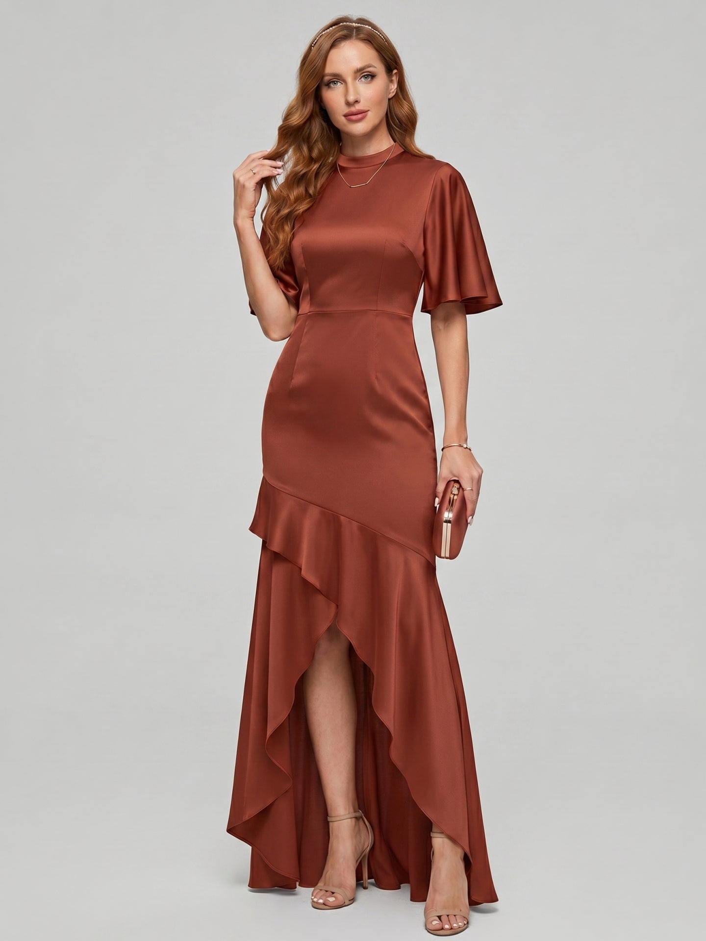 Elegant Rust Matte Satin mermaid Scoop Neck Back Zip Asymmetrical Bridesmaid Dress
