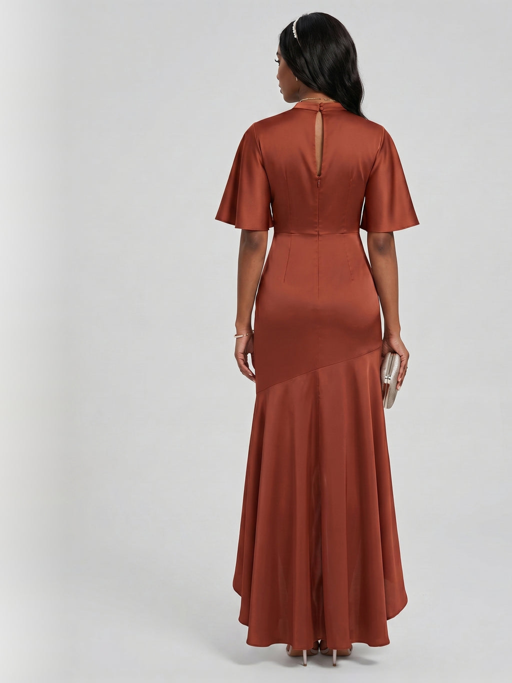 Elegant Rust Matte Satin mermaid Scoop Neck Back Zip Asymmetrical Bridesmaid Dress