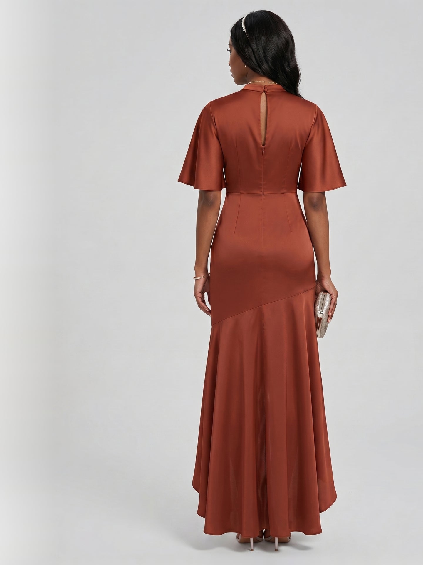 Elegant Rust Matte Satin mermaid Scoop Neck Back Zip Asymmetrical Bridesmaid Dress
