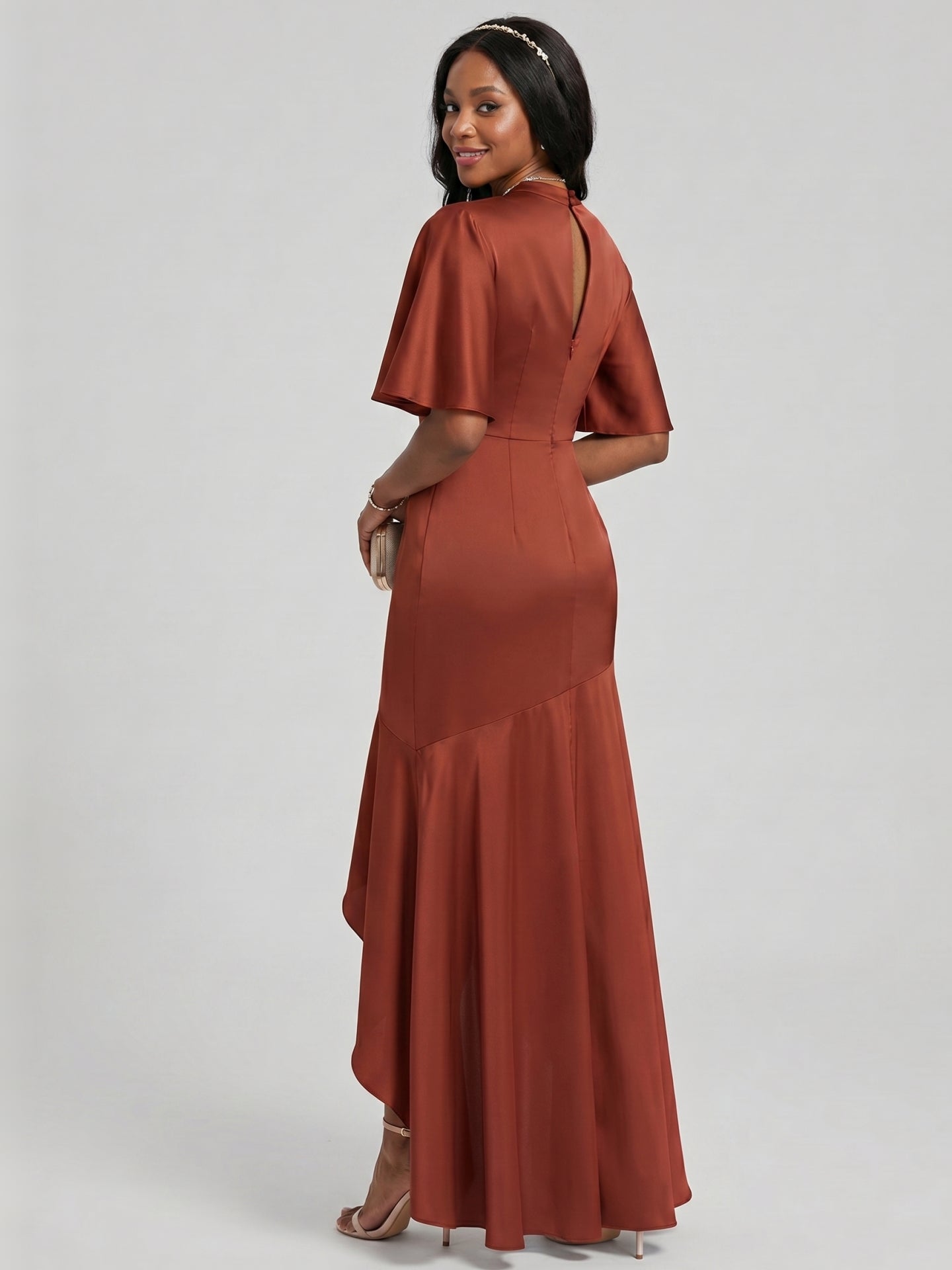 Elegant Rust Matte Satin mermaid Scoop Neck Back Zip Asymmetrical Bridesmaid Dress