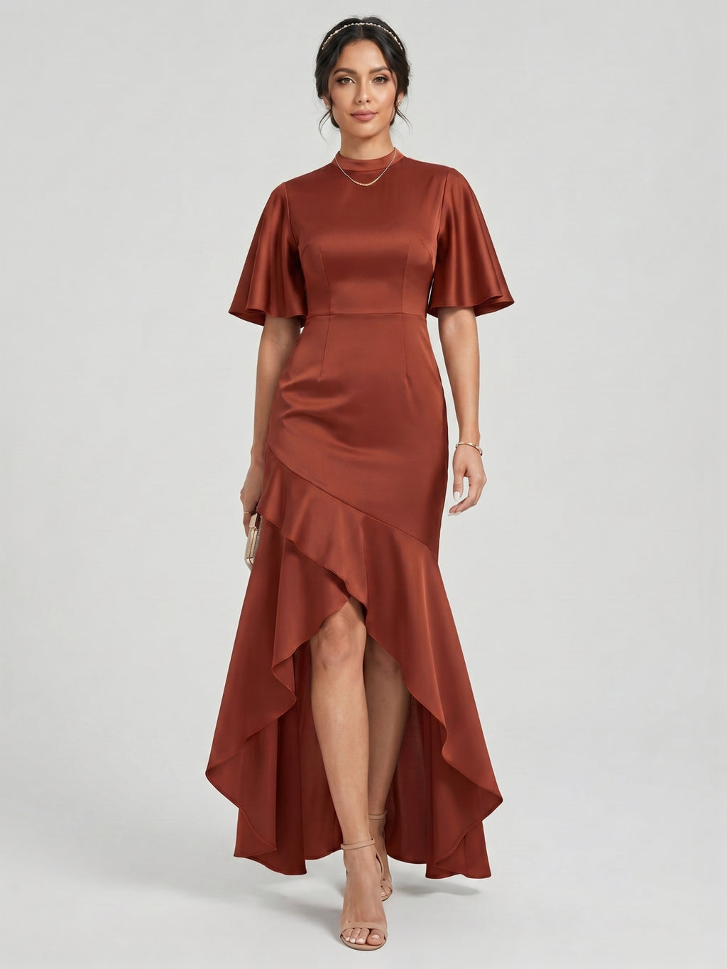 Elegant Rust Matte Satin mermaid Scoop Neck Back Zip Asymmetrical Bridesmaid Dress