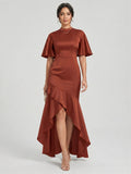 Elegant Rust Matte Satin mermaid Scoop Neck Back Zip Asymmetrical Bridesmaid Dress
