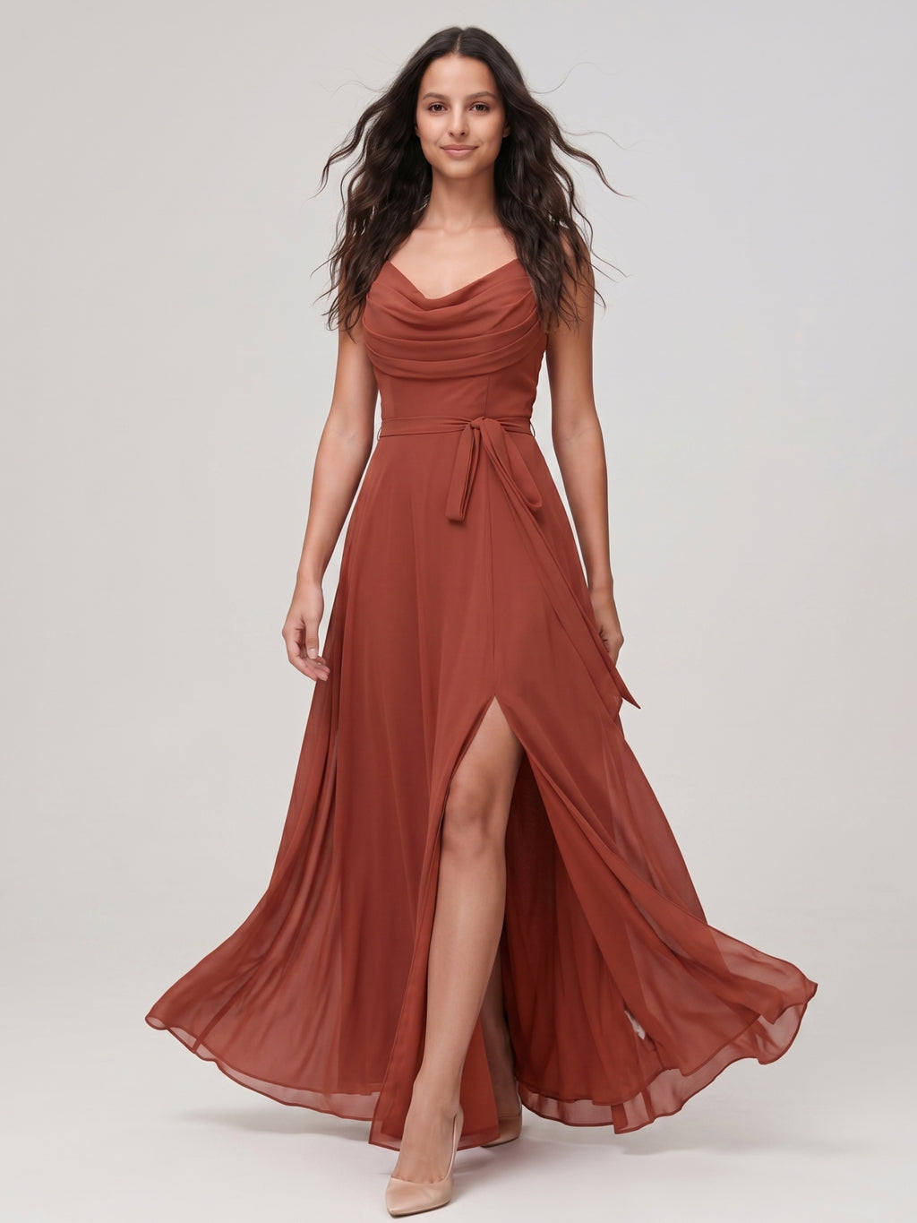 Rust Chiffon A-Line Cowl Neck Backless Floor-Length Bridesmaid Dress