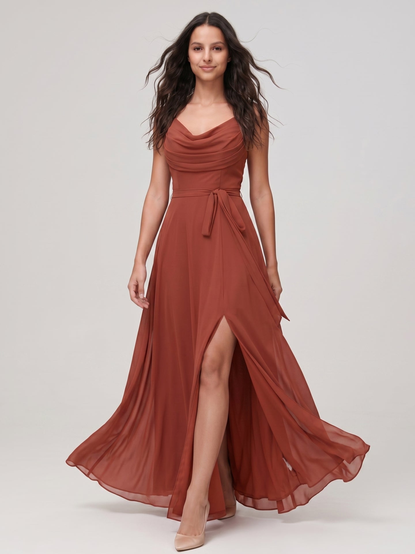 Rust Chiffon A-Line Cowl Neck Backless Floor-Length Bridesmaid Dress