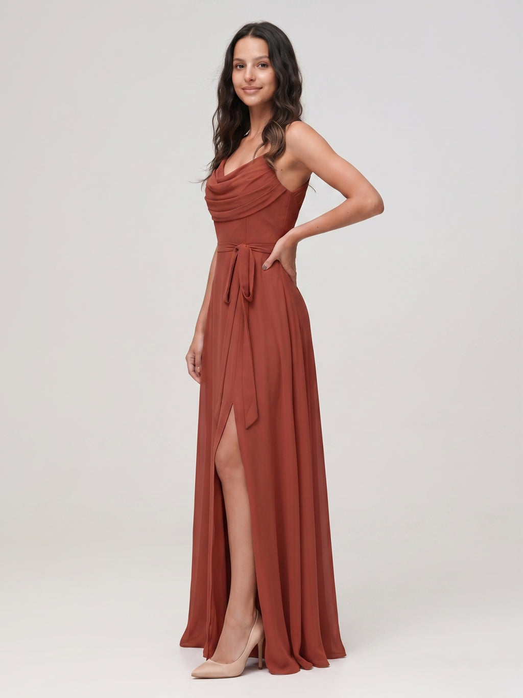 Rust Chiffon A-Line Cowl Neck Backless Floor-Length Bridesmaid Dress