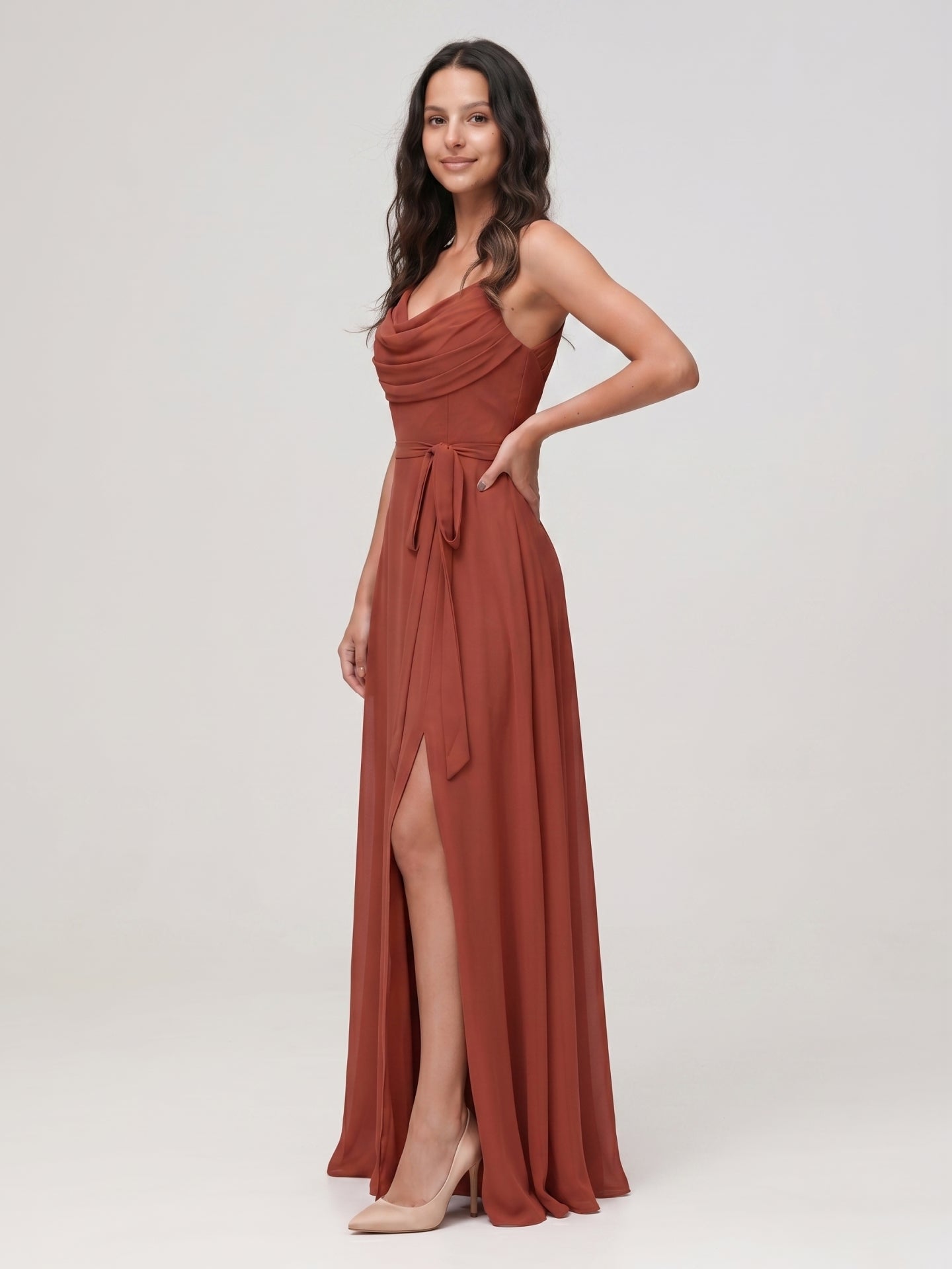 Rust Chiffon A-Line Cowl Neck Backless Floor-Length Bridesmaid Dress