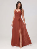 Rust Chiffon A-Line Cowl Neck Backless Floor-Length Bridesmaid Dress