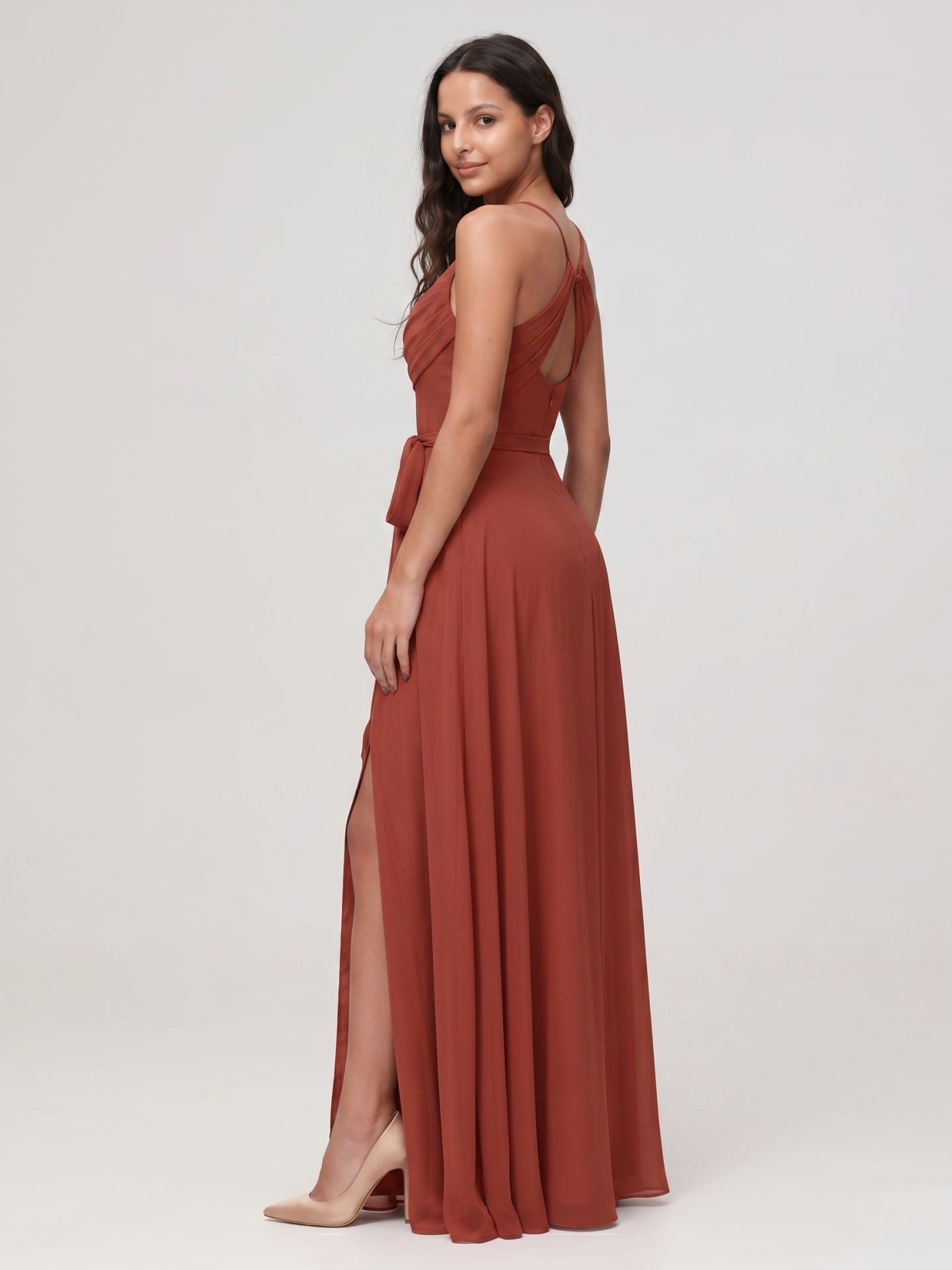 Rust Chiffon A-Line Cowl Neck Backless Floor-Length Bridesmaid Dress