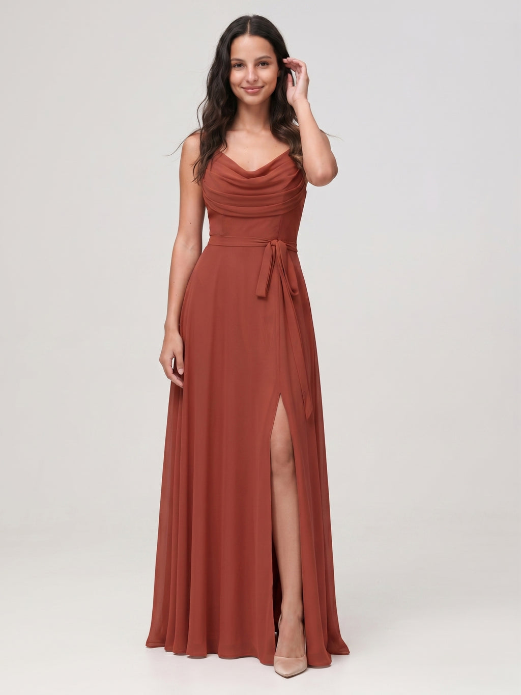 Rust Chiffon A-Line Cowl Neck Backless Floor-Length Bridesmaid Dress