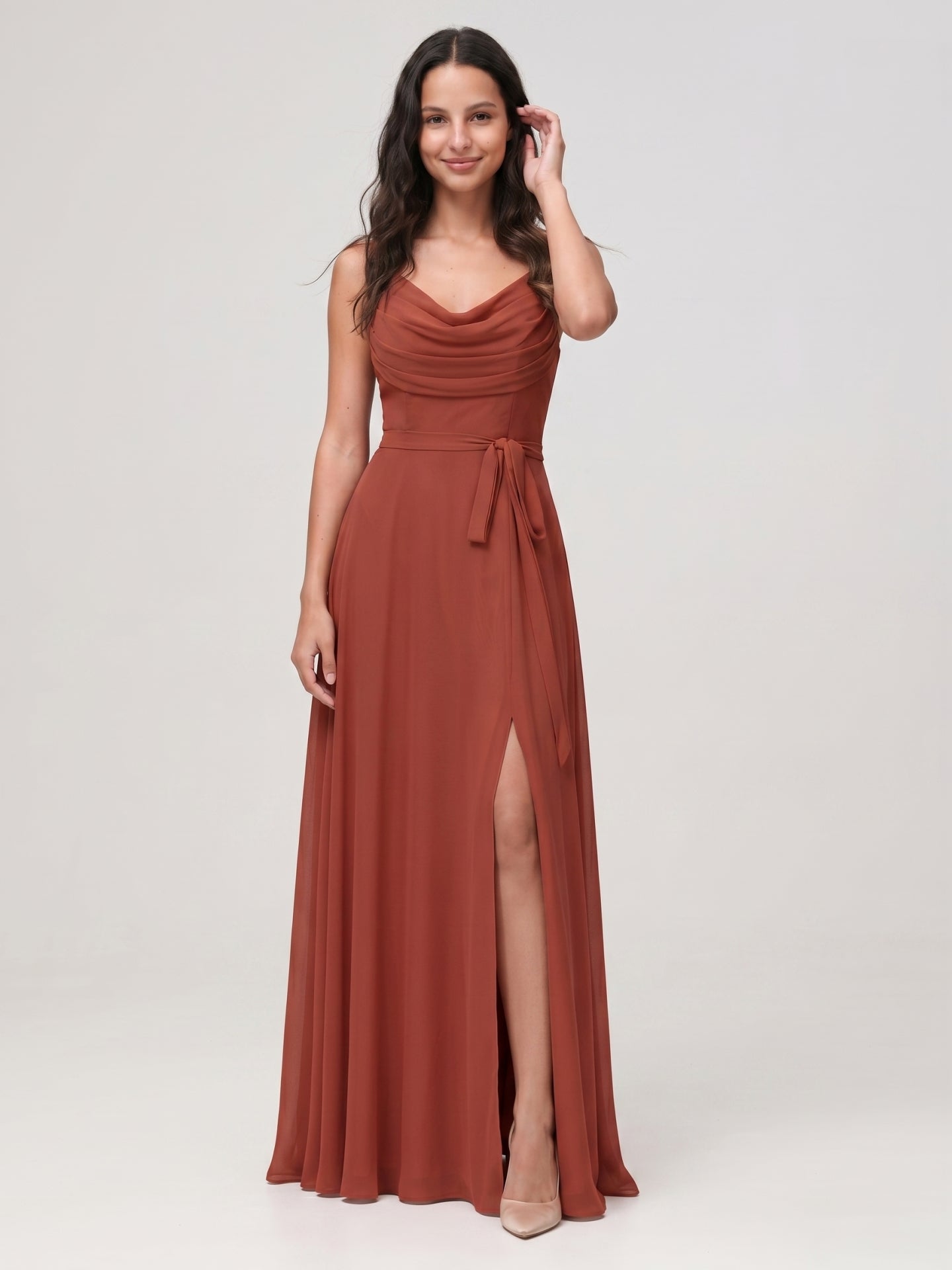 Rust Chiffon A-Line Cowl Neck Backless Floor-Length Bridesmaid Dress