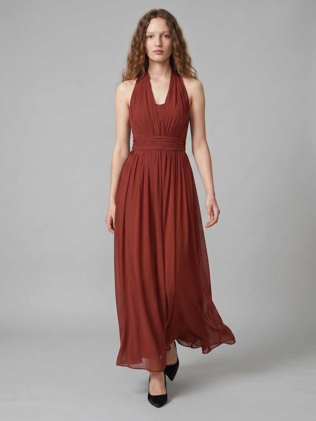 Rust Chiffon A-Line Halter Backless Floor-Length Bridesmaid Dress with Bow