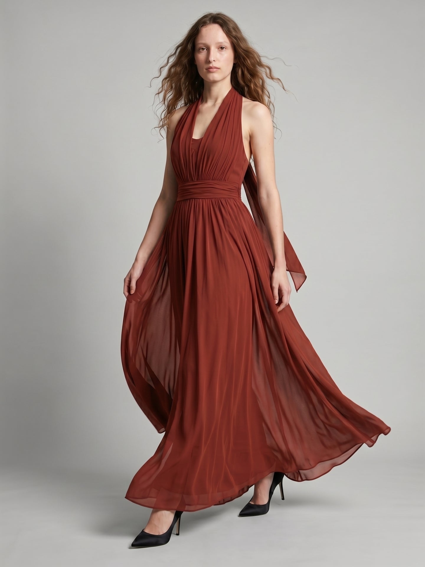 Rust Chiffon A-Line Halter Backless Floor-Length Bridesmaid Dress with Bow