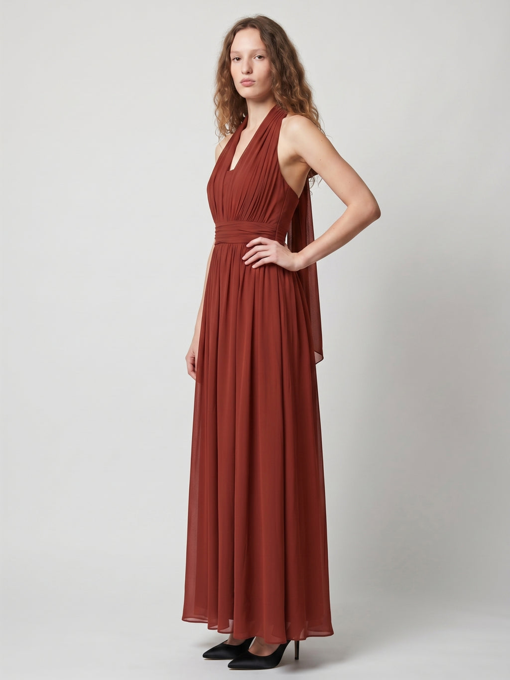 Rust Chiffon A-Line Halter Backless Floor-Length Bridesmaid Dress with Bow