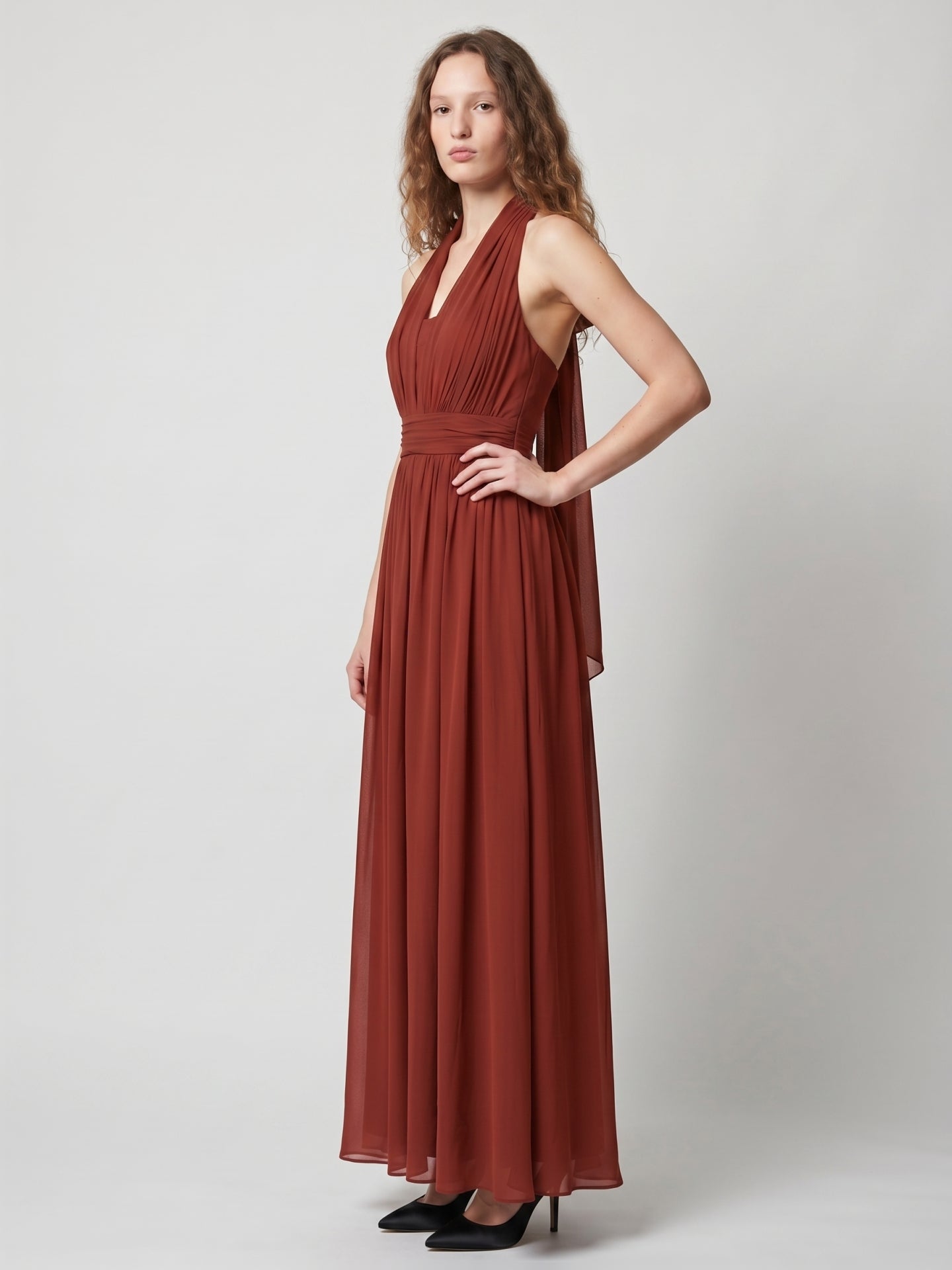 Rust Chiffon A-Line Halter Backless Floor-Length Bridesmaid Dress with Bow