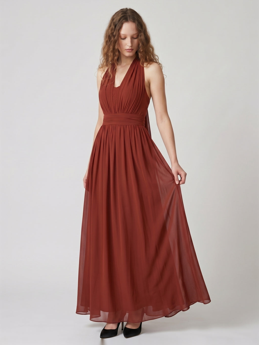 Rust Chiffon A-Line Halter Backless Floor-Length Bridesmaid Dress with Bow