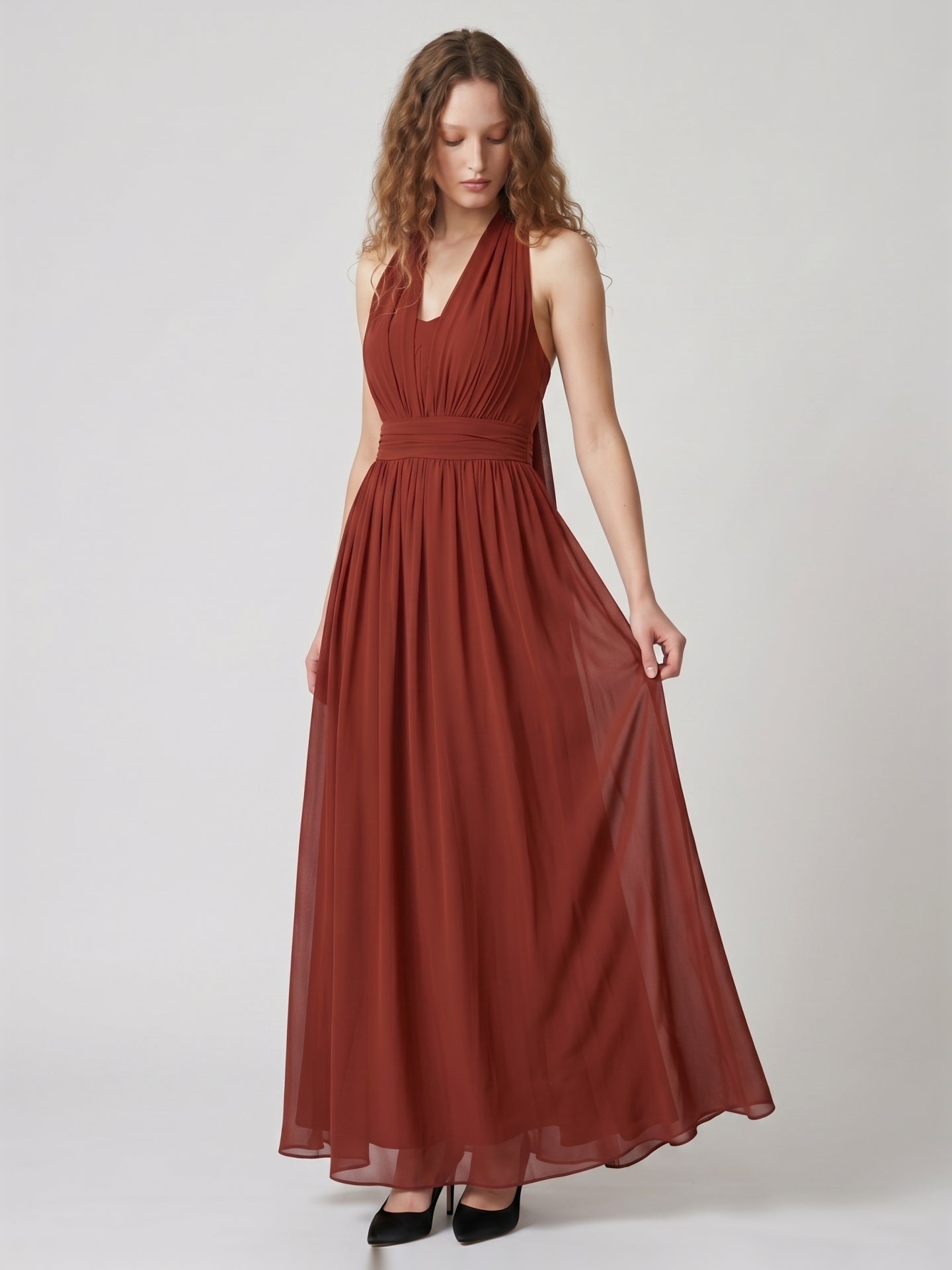 Rust Chiffon A-Line Halter Backless Floor-Length Bridesmaid Dress with Bow