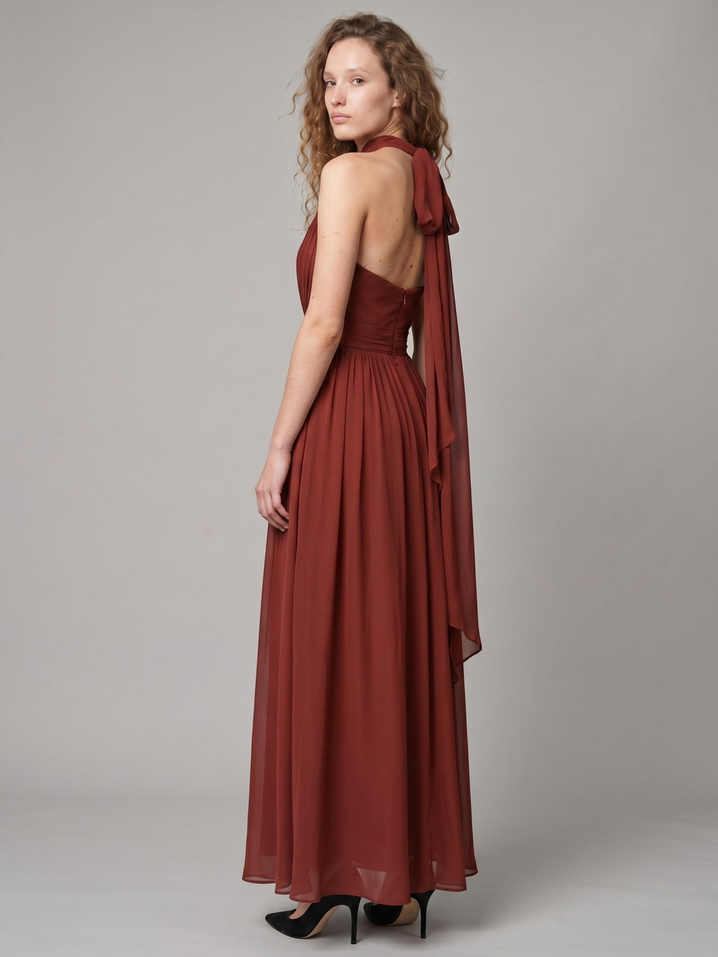 Rust Chiffon A-Line Halter Backless Floor-Length Bridesmaid Dress with Bow