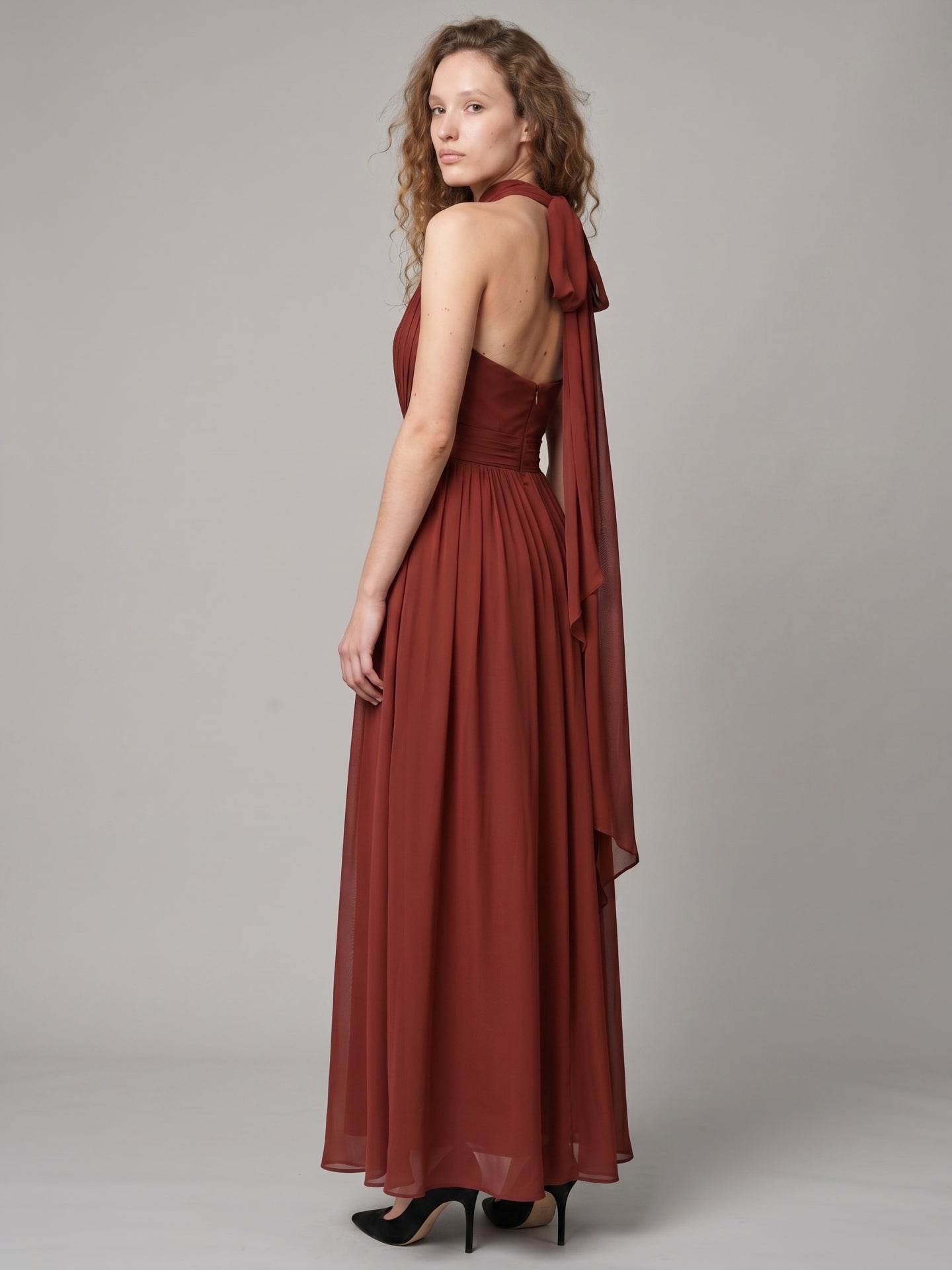 Rust Chiffon A-Line Halter Backless Floor-Length Bridesmaid Dress with Bow