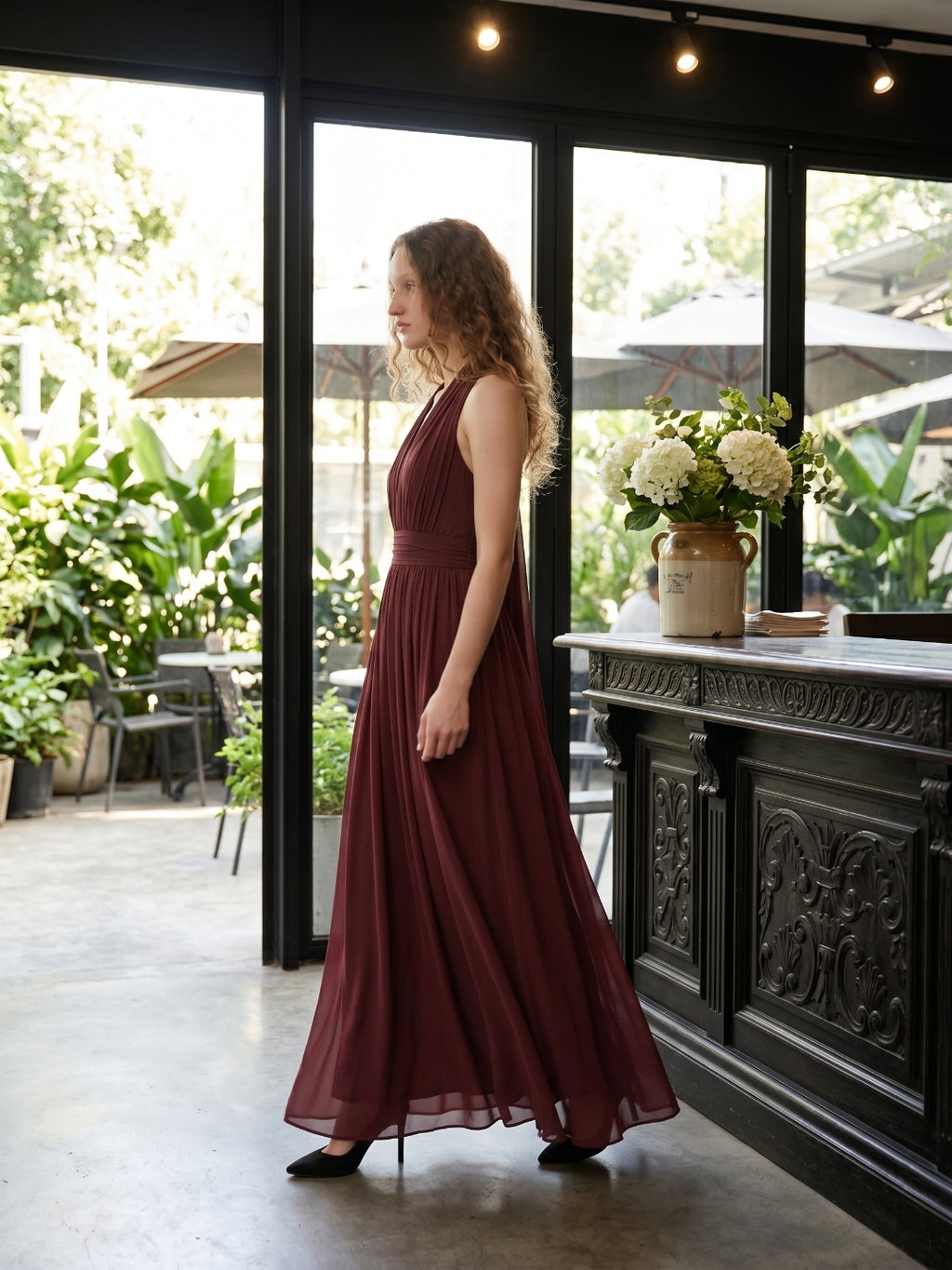 Rust Chiffon A-Line Halter Backless Floor-Length Bridesmaid Dress with Bow