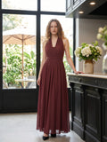 Rust Chiffon A-Line Halter Backless Floor-Length Bridesmaid Dress with Bow