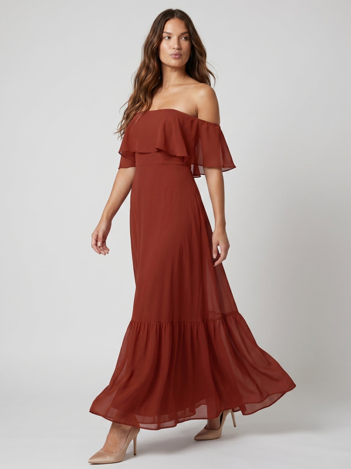 Rust Chiffon A-Line Off-the-Shoulder Backless Floor-Length Bridesmaid Dress with Ruffle