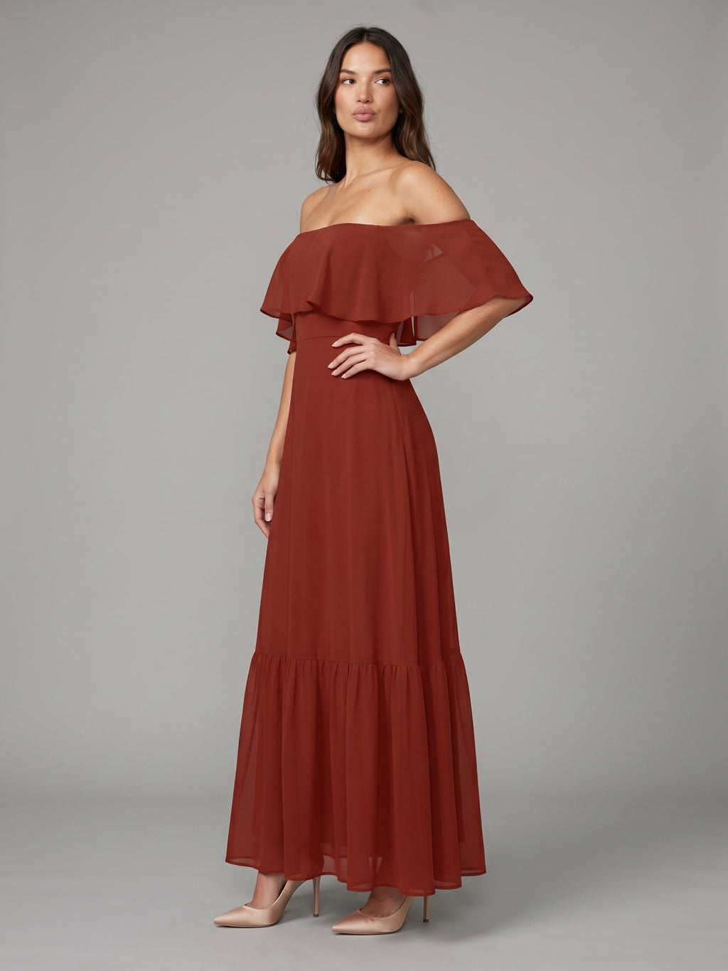 Rust Chiffon A-Line Off-the-Shoulder Backless Floor-Length Bridesmaid Dress with Ruffle