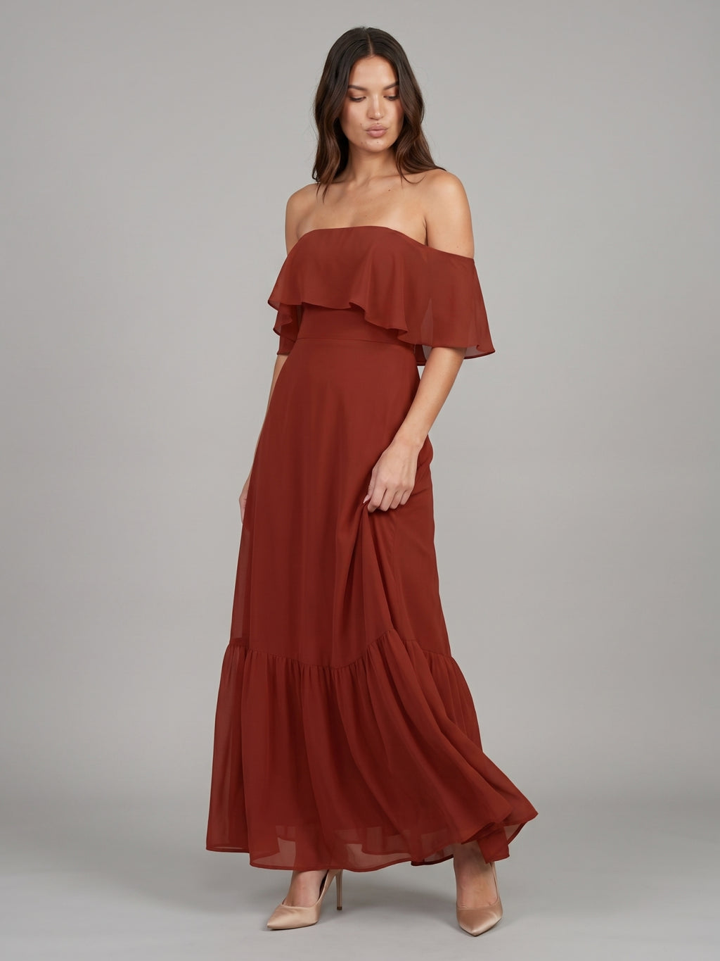 Rust Chiffon A-Line Off-the-Shoulder Backless Floor-Length Bridesmaid Dress with Ruffle