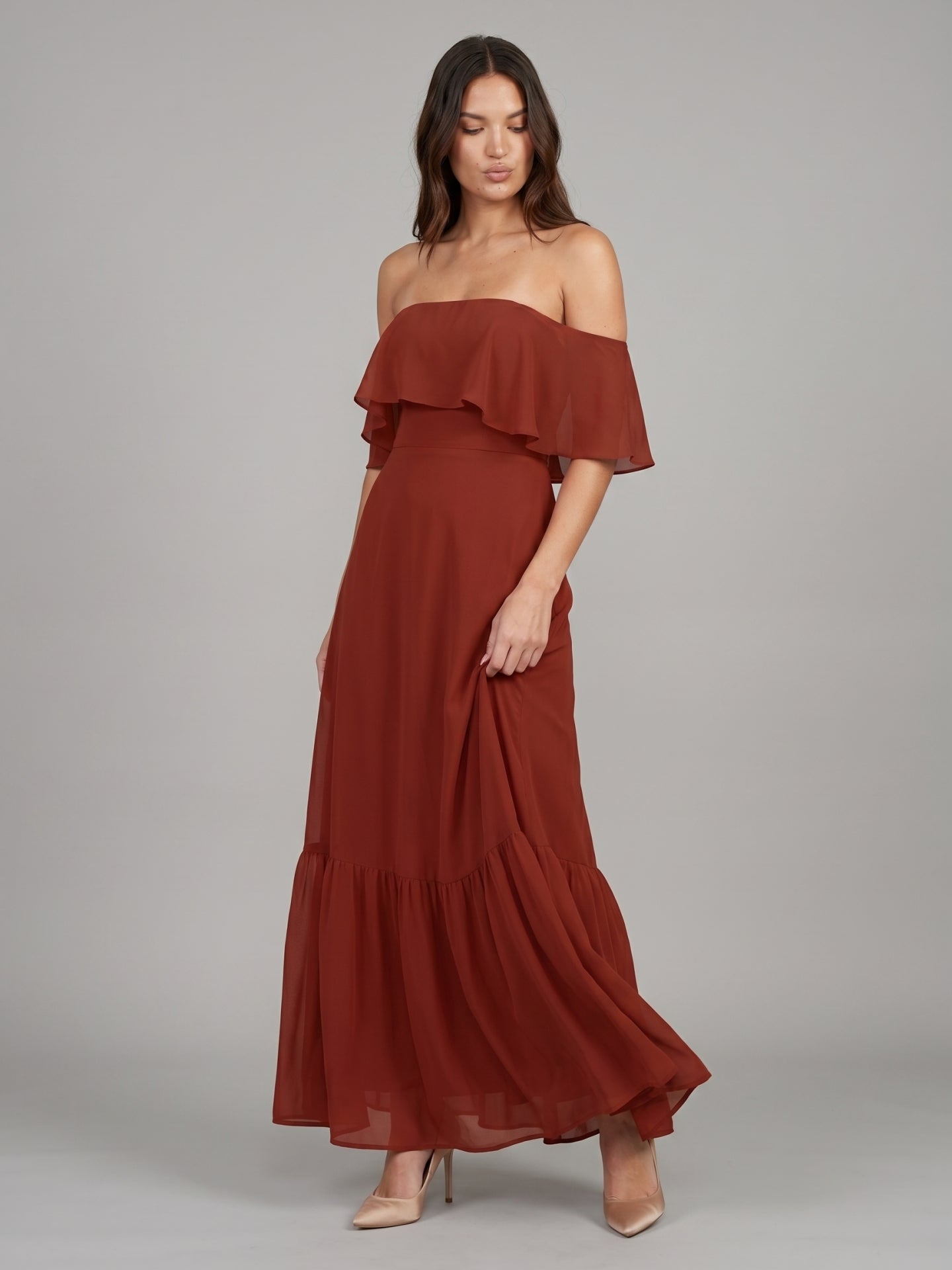 Rust Chiffon A-Line Off-the-Shoulder Backless Floor-Length Bridesmaid Dress with Ruffle