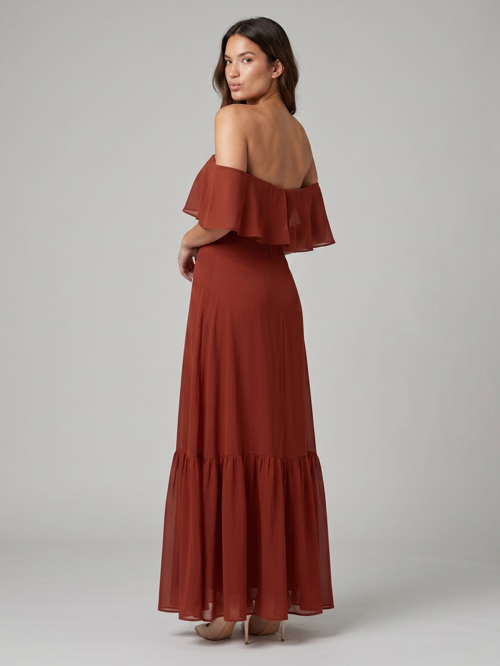 Rust Chiffon A-Line Off-the-Shoulder Backless Floor-Length Bridesmaid Dress with Ruffle