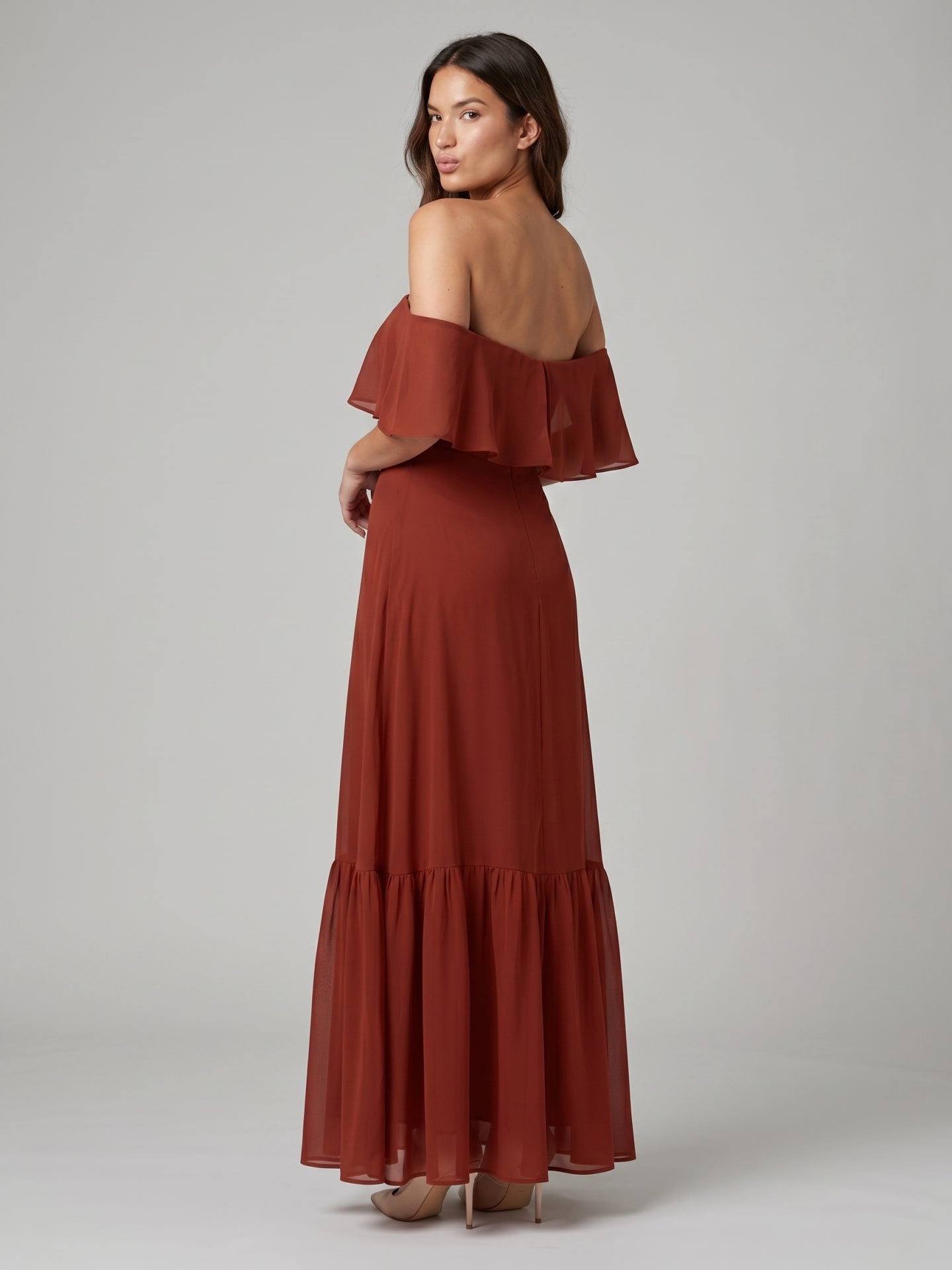 Rust Chiffon A-Line Off-the-Shoulder Backless Floor-Length Bridesmaid Dress with Ruffle