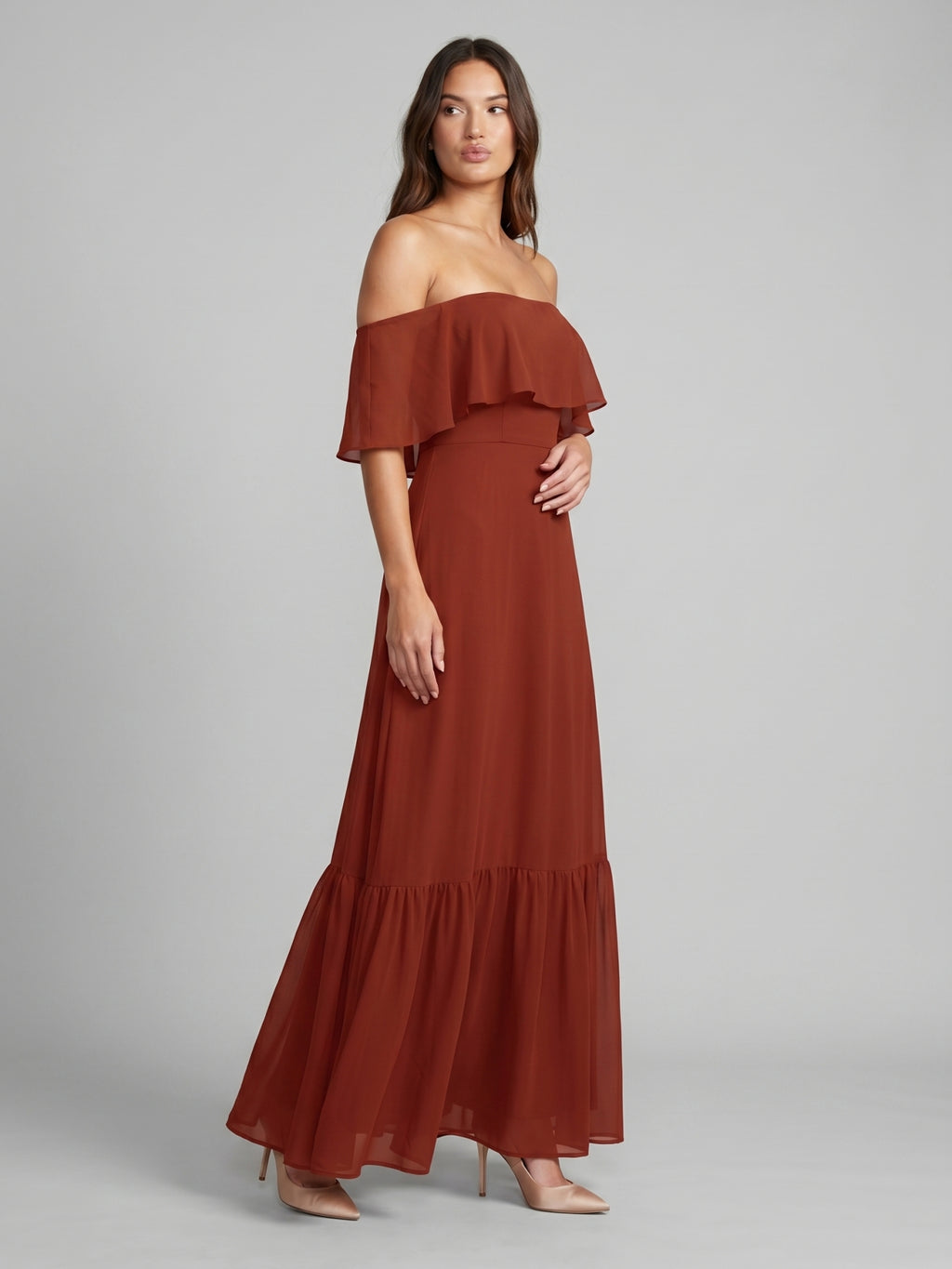 Rust Chiffon A-Line Off-the-Shoulder Backless Floor-Length Bridesmaid Dress with Ruffle