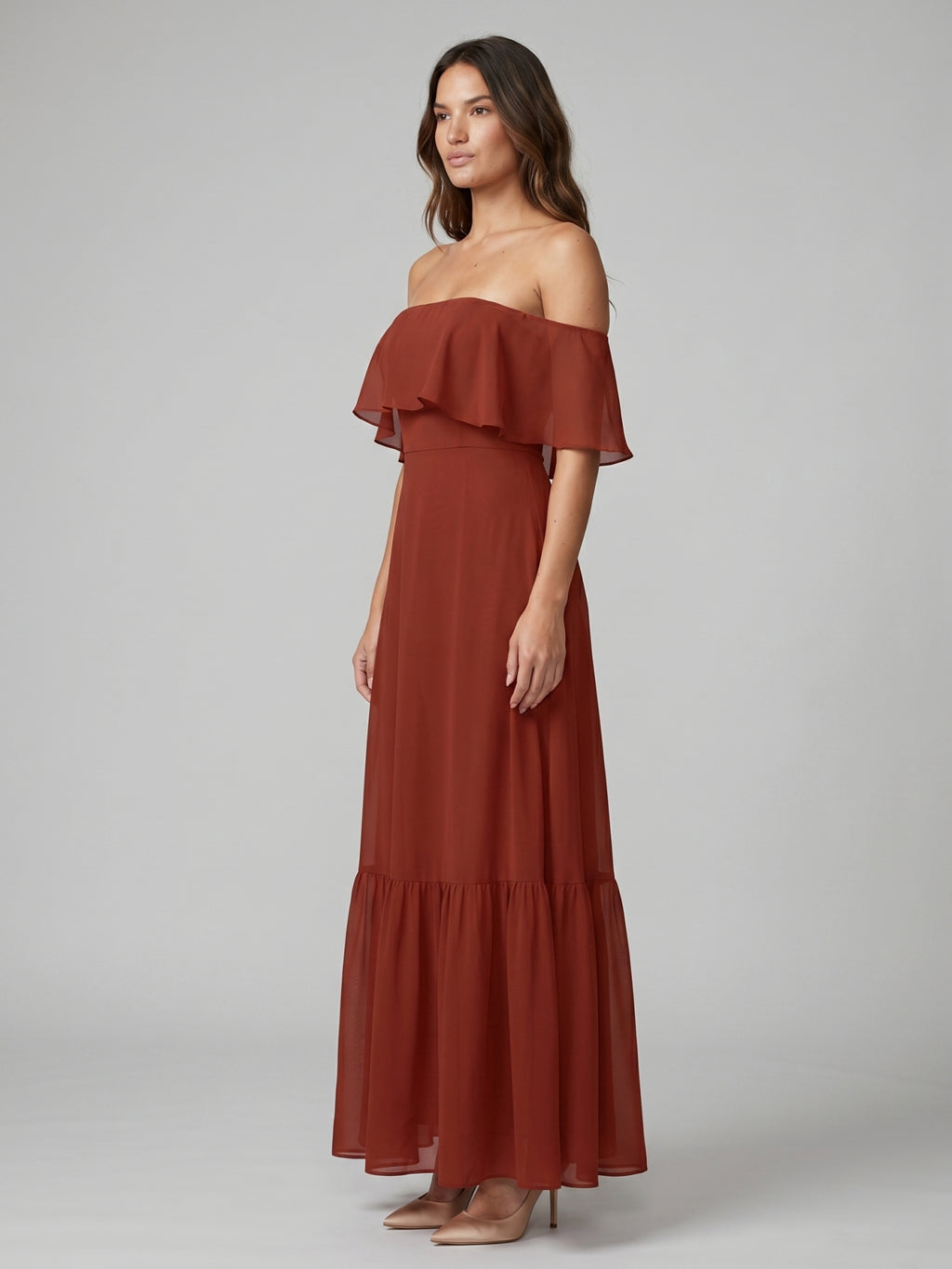 Rust Chiffon A-Line Off-the-Shoulder Backless Floor-Length Bridesmaid Dress with Ruffle