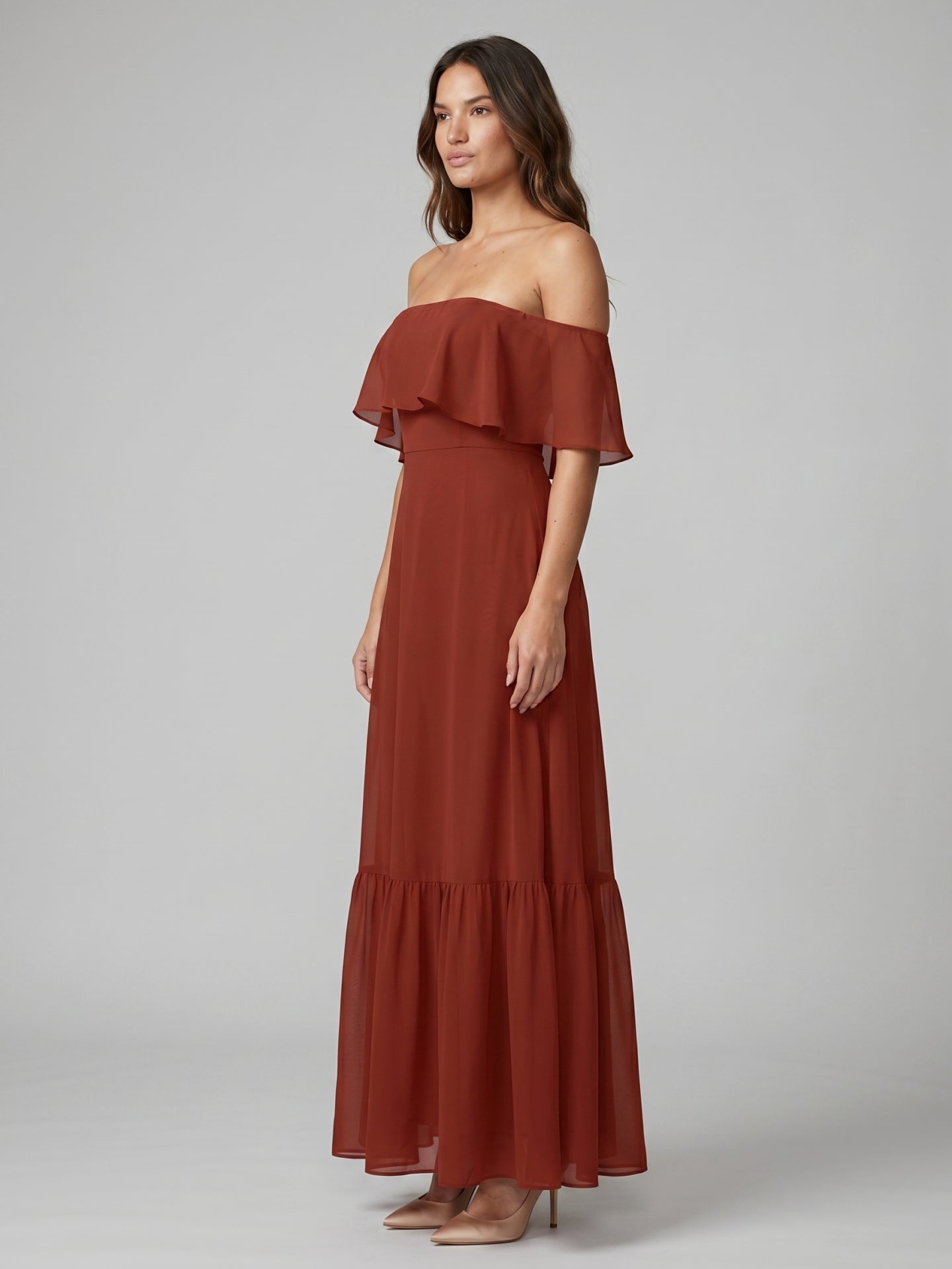 Rust Chiffon A-Line Off-the-Shoulder Backless Floor-Length Bridesmaid Dress with Ruffle