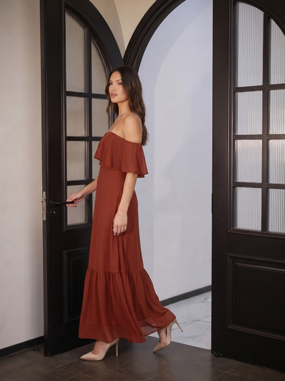 Rust Chiffon A-Line Off-the-Shoulder Backless Floor-Length Bridesmaid Dress with Ruffle
