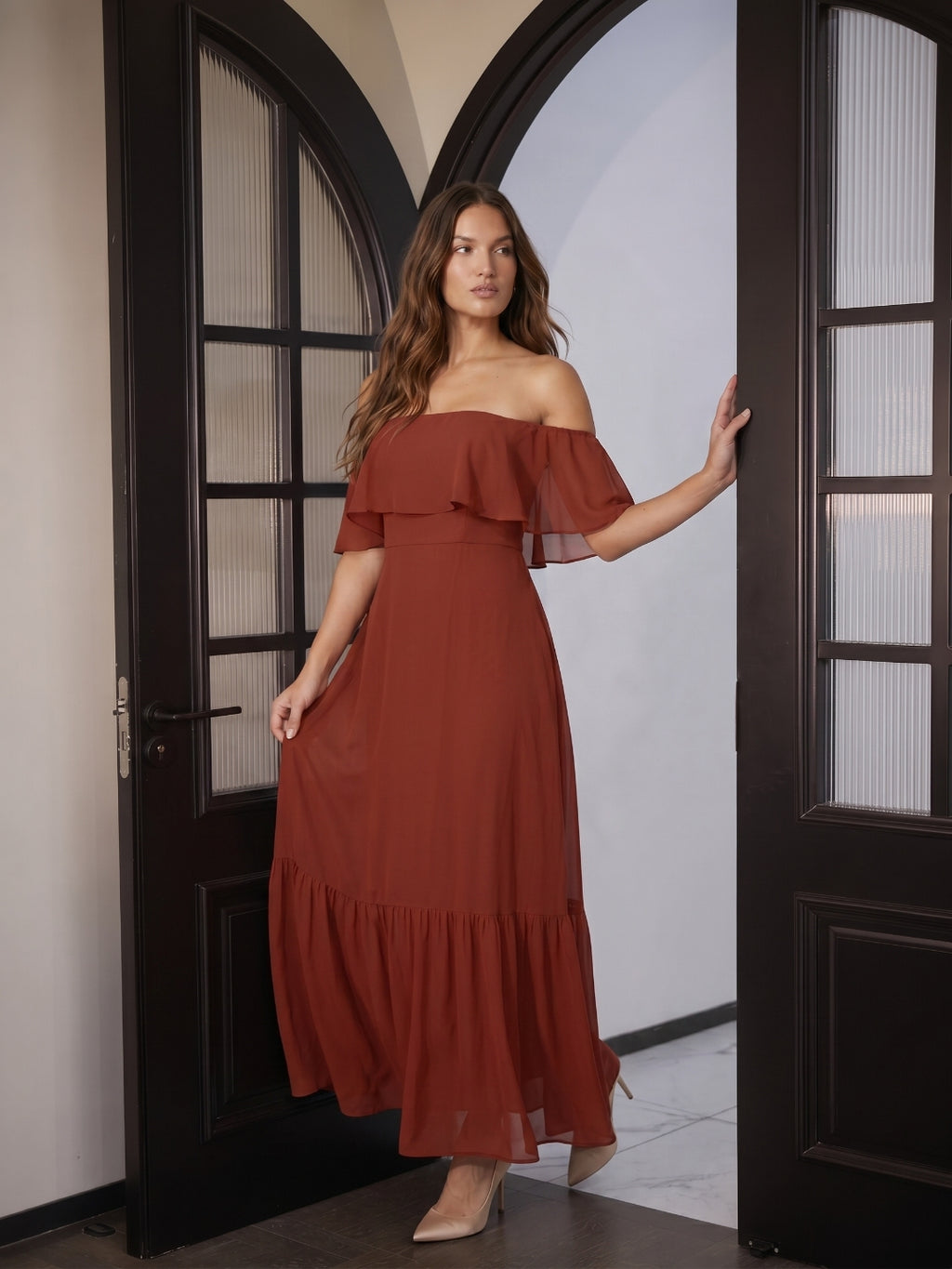 Rust Chiffon A-Line Off-the-Shoulder Backless Floor-Length Bridesmaid Dress with Ruffle