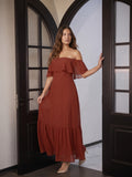 Rust Chiffon A-Line Off-the-Shoulder Backless Floor-Length Bridesmaid Dress with Ruffle