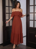 Rust Chiffon A-Line Off-the-Shoulder Backless Floor-Length Bridesmaid Dress with Ruffle