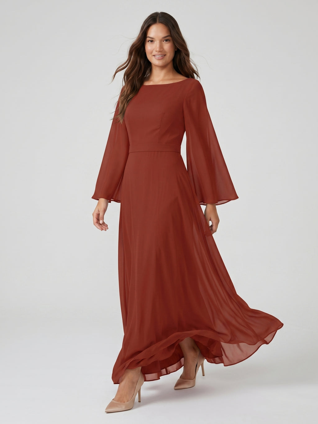 Rust Chiffon A-Line Scoop Neck Backless Floor-Length Bridesmaid Dress with Ruffle