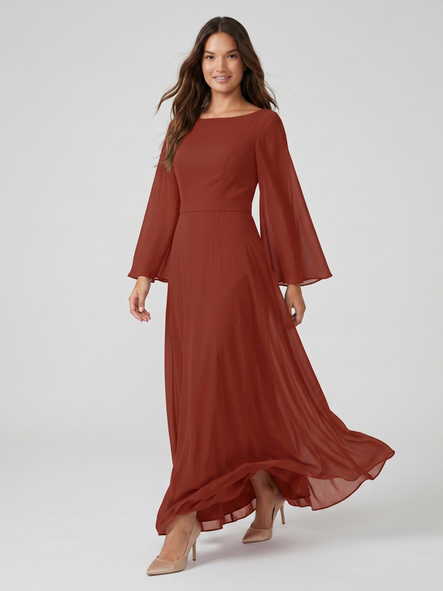 Rust Chiffon A-Line Scoop Neck Backless Floor-Length Bridesmaid Dress with Ruffle