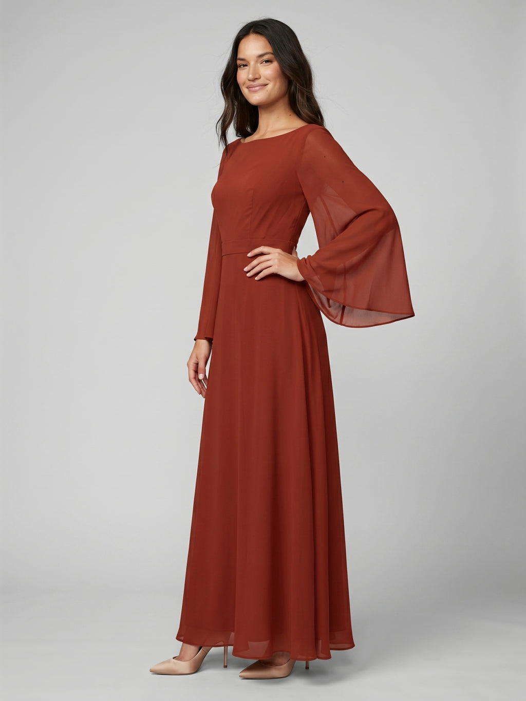 Rust Chiffon A-Line Scoop Neck Backless Floor-Length Bridesmaid Dress with Ruffle