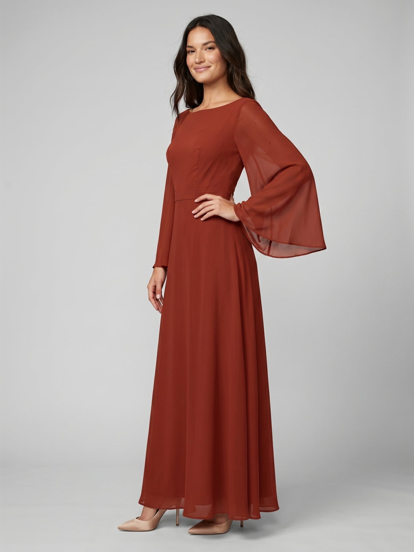Rust Chiffon A-Line Scoop Neck Backless Floor-Length Bridesmaid Dress with Ruffle