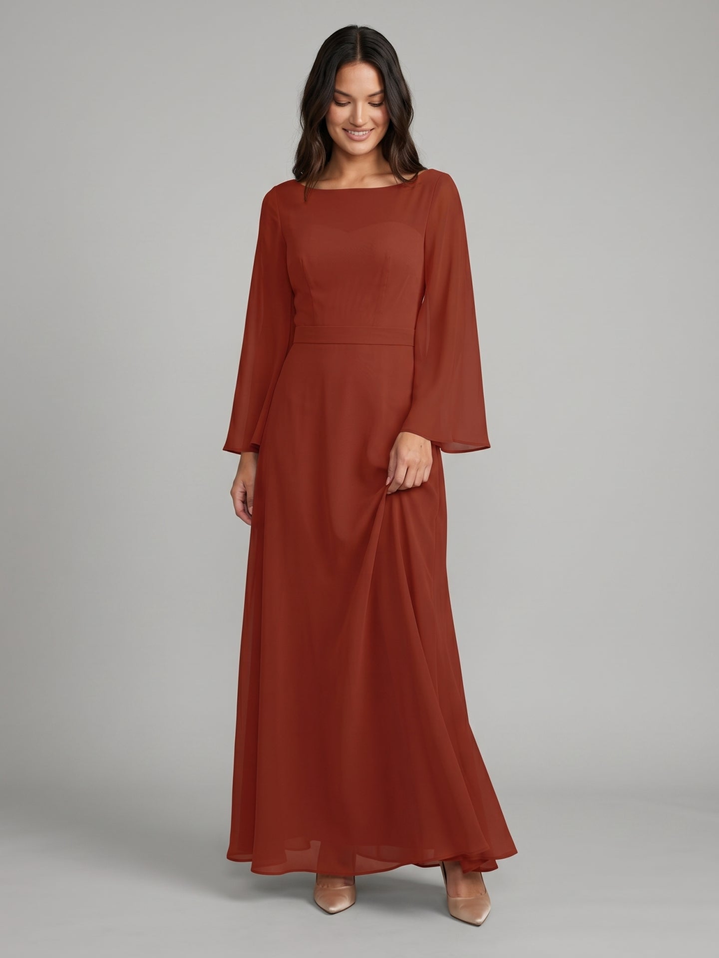 Rust Chiffon A-Line Scoop Neck Backless Floor-Length Bridesmaid Dress with Ruffle