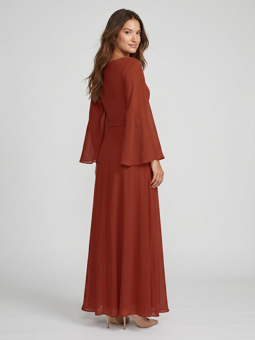 Rust Chiffon A-Line Scoop Neck Backless Floor-Length Bridesmaid Dress with Ruffle