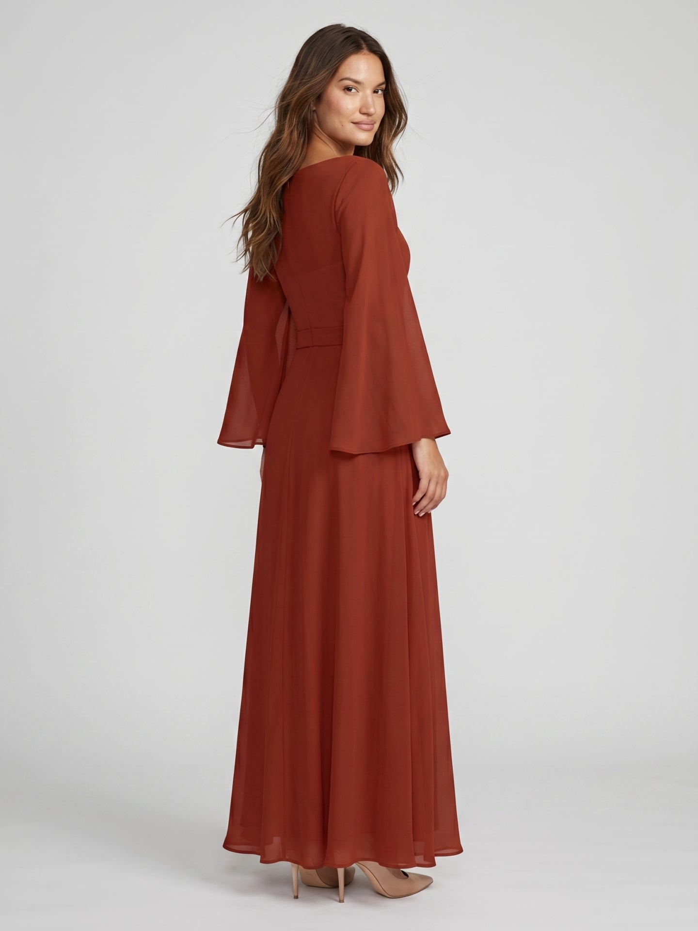 Rust Chiffon A-Line Scoop Neck Backless Floor-Length Bridesmaid Dress with Ruffle