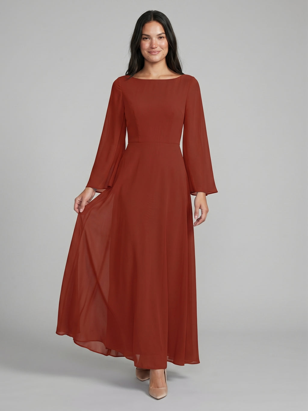 Rust Chiffon A-Line Scoop Neck Backless Floor-Length Bridesmaid Dress with Ruffle