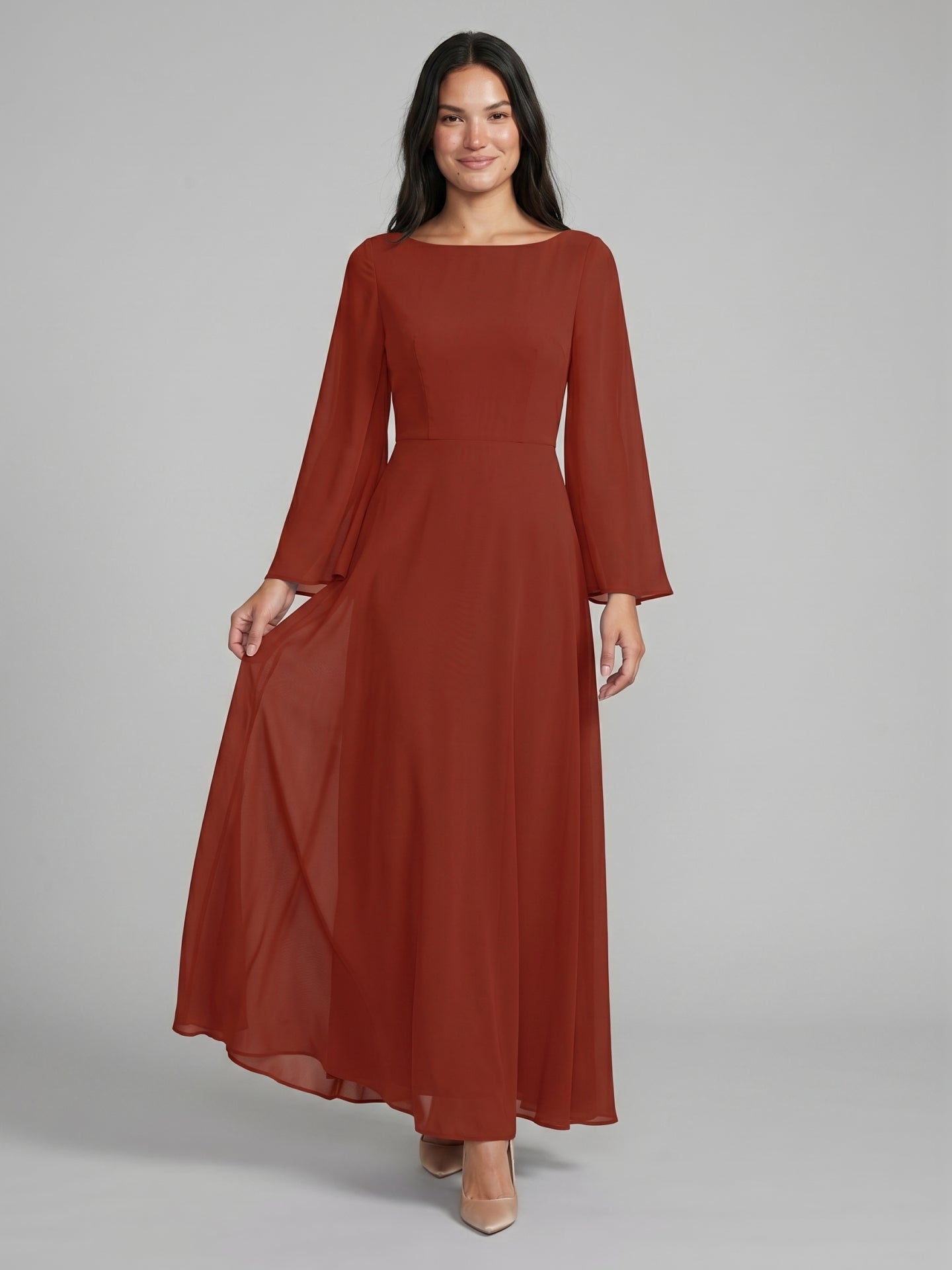 Rust Chiffon A-Line Scoop Neck Backless Floor-Length Bridesmaid Dress with Ruffle
