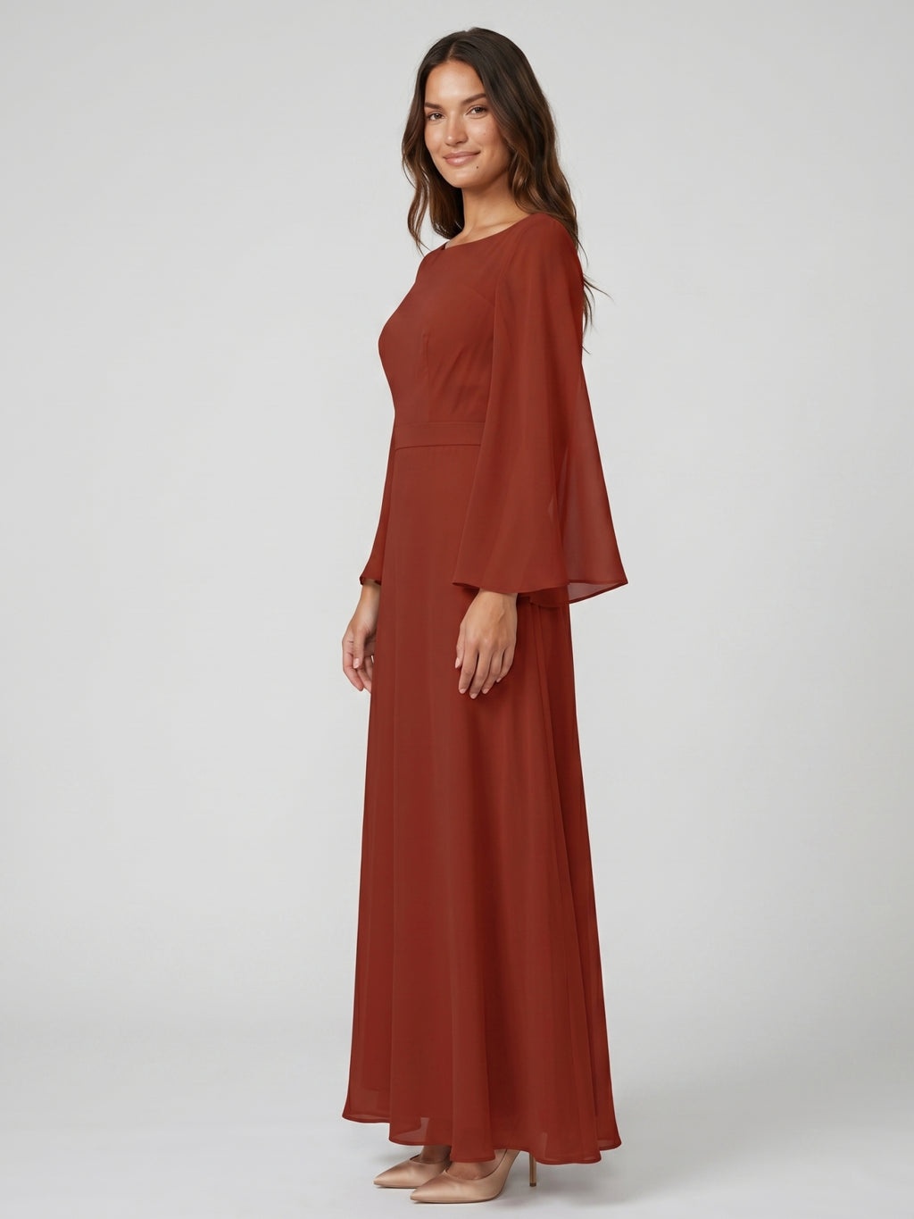 Rust Chiffon A-Line Scoop Neck Backless Floor-Length Bridesmaid Dress with Ruffle