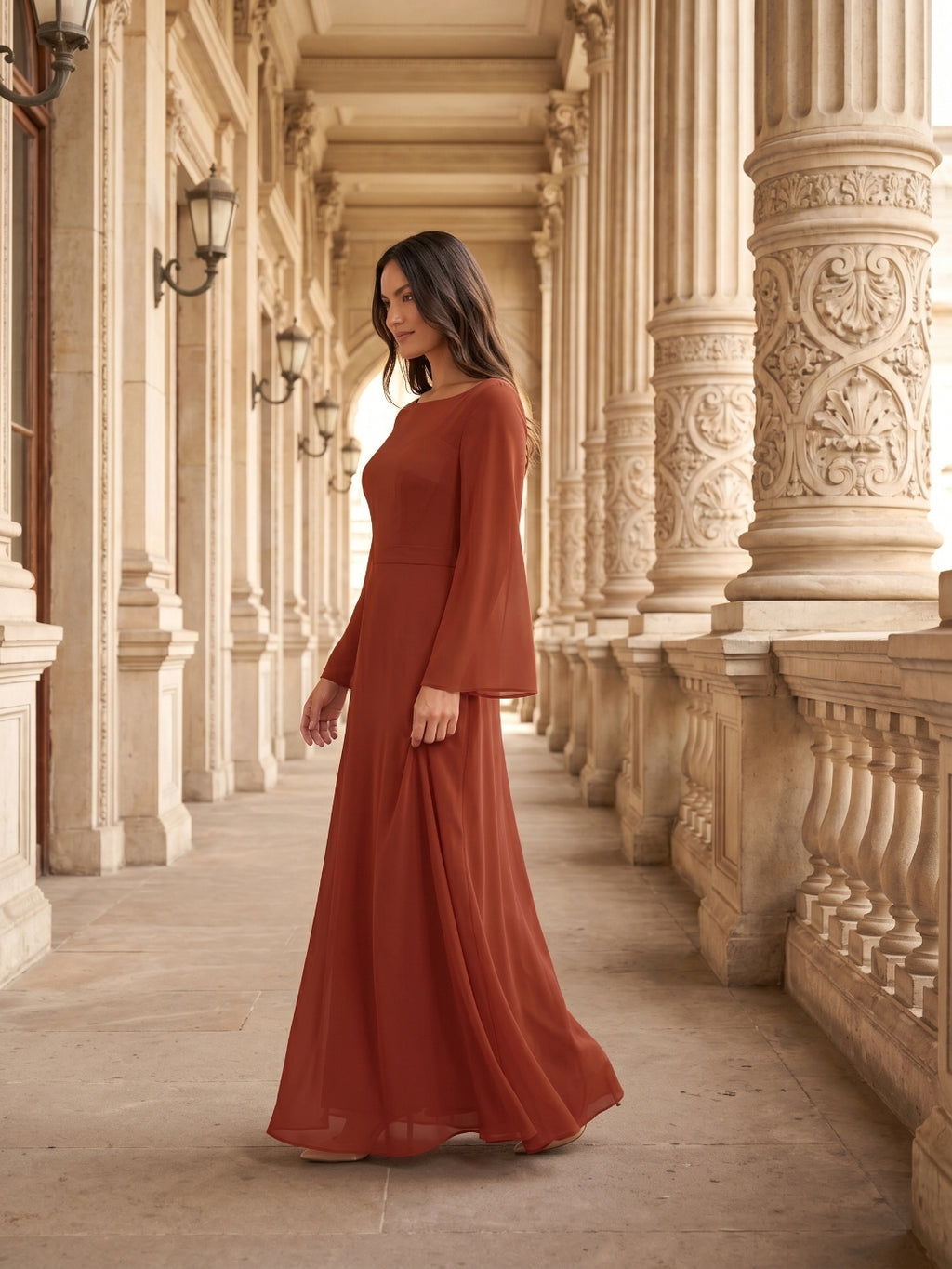 Rust Chiffon A-Line Scoop Neck Backless Floor-Length Bridesmaid Dress with Ruffle