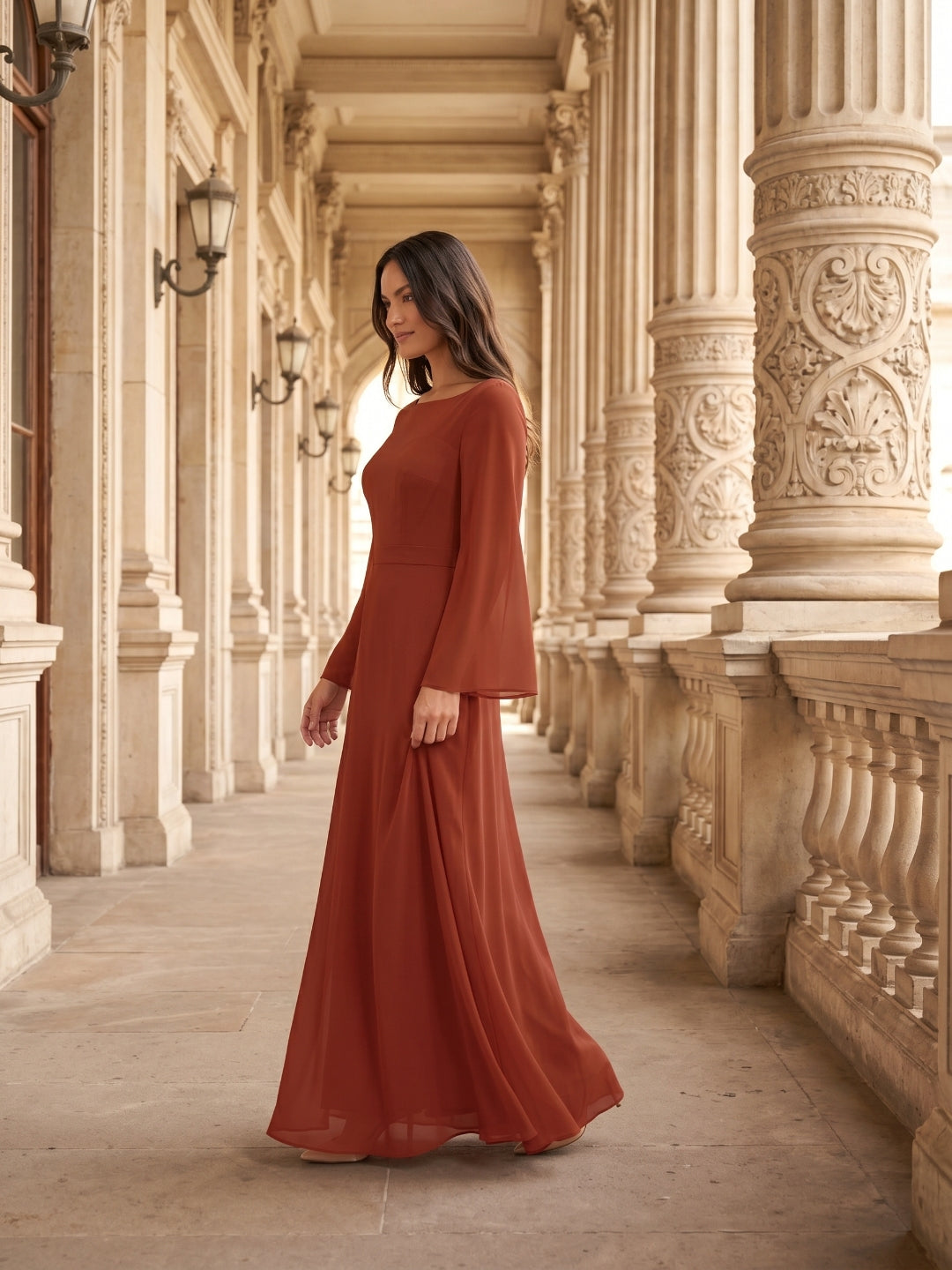 Rust Chiffon A-Line Scoop Neck Backless Floor-Length Bridesmaid Dress with Ruffle